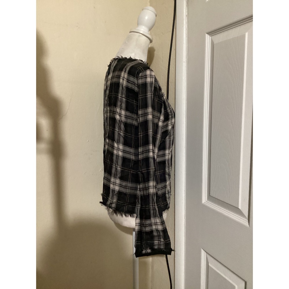 Drew Black White Plaid Tencel Frayed Edge Long Sleeve Blouse Top Small Keyhole - Picture 2 of 6